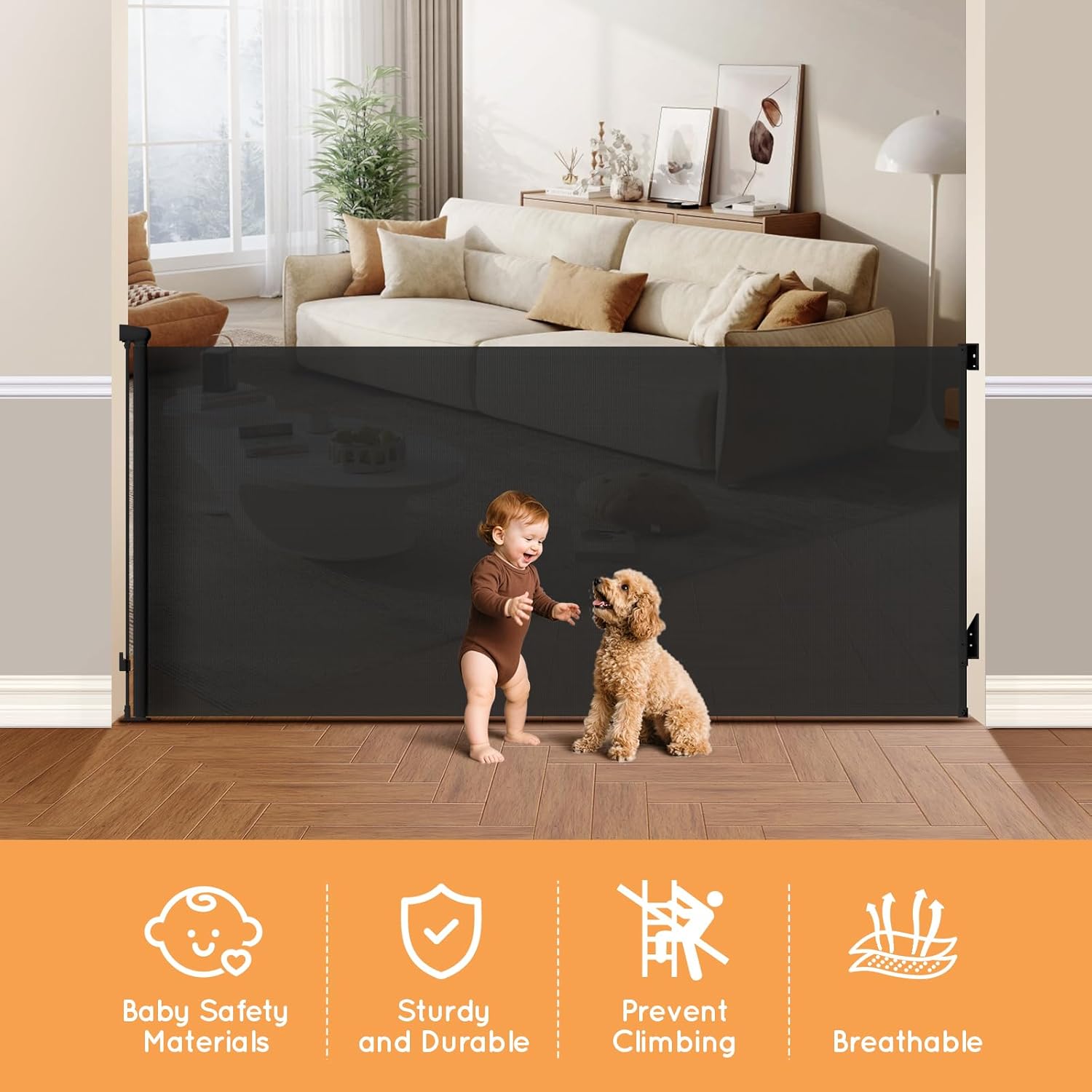 Retractable Baby Gate, 38 Extra Tall Mesh Baby Gate with Auto-Tension Design, 55 Wide One-Hand Operation Dog Gates for Doorways and Hallways, Safety Gate for Babies and Pets, Black